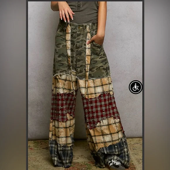 POL Patchwork Wide-Leg Pants - Camouflage and Plaid - Picture 1 of 4